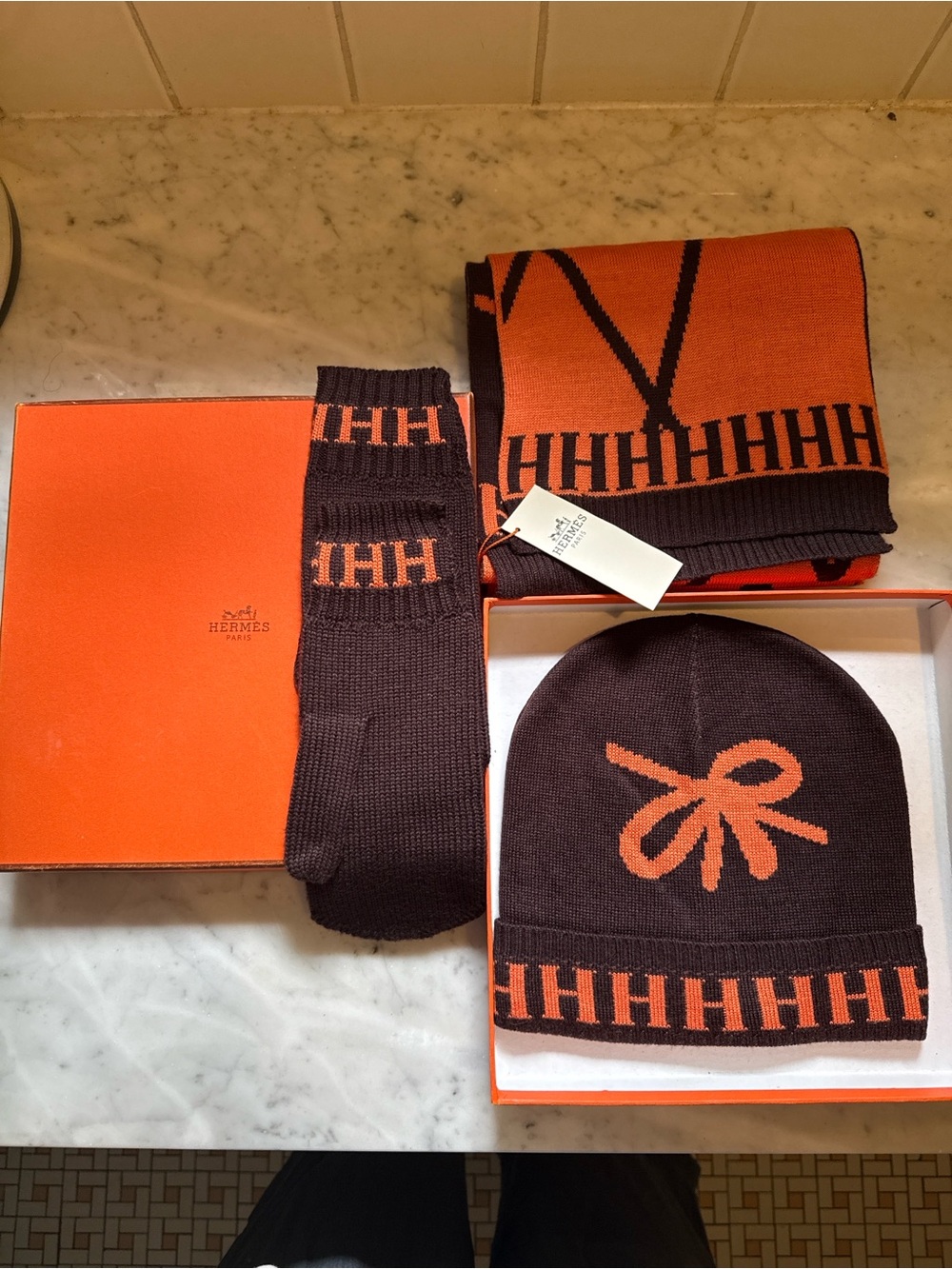 Women's Orange & Brown Knit Beanie and Mittens Set